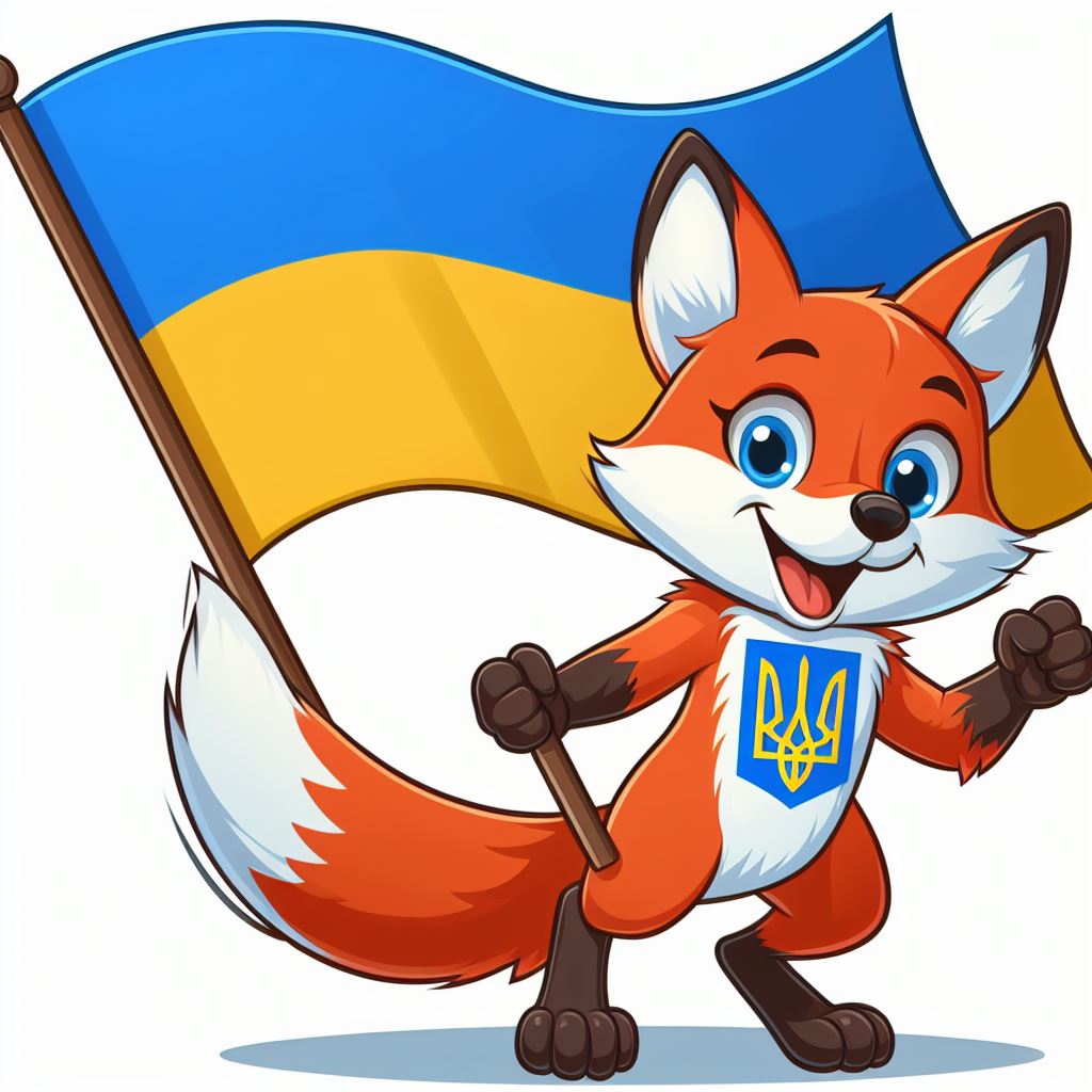 Cartoon fox holding ukrainian flag Cartoon fox holding ukrainian flag