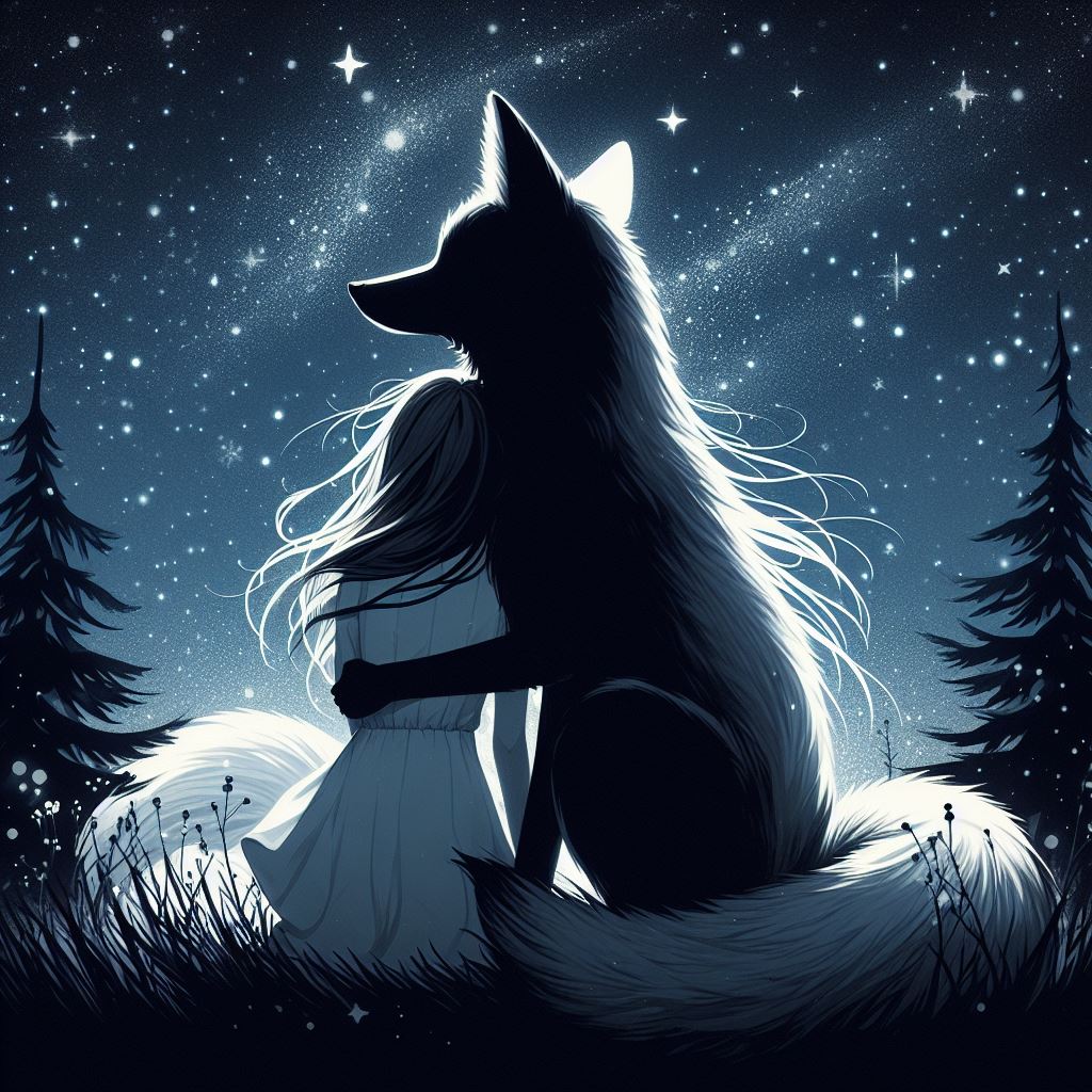 Girl and fox under night sky Girl and fox under night sky