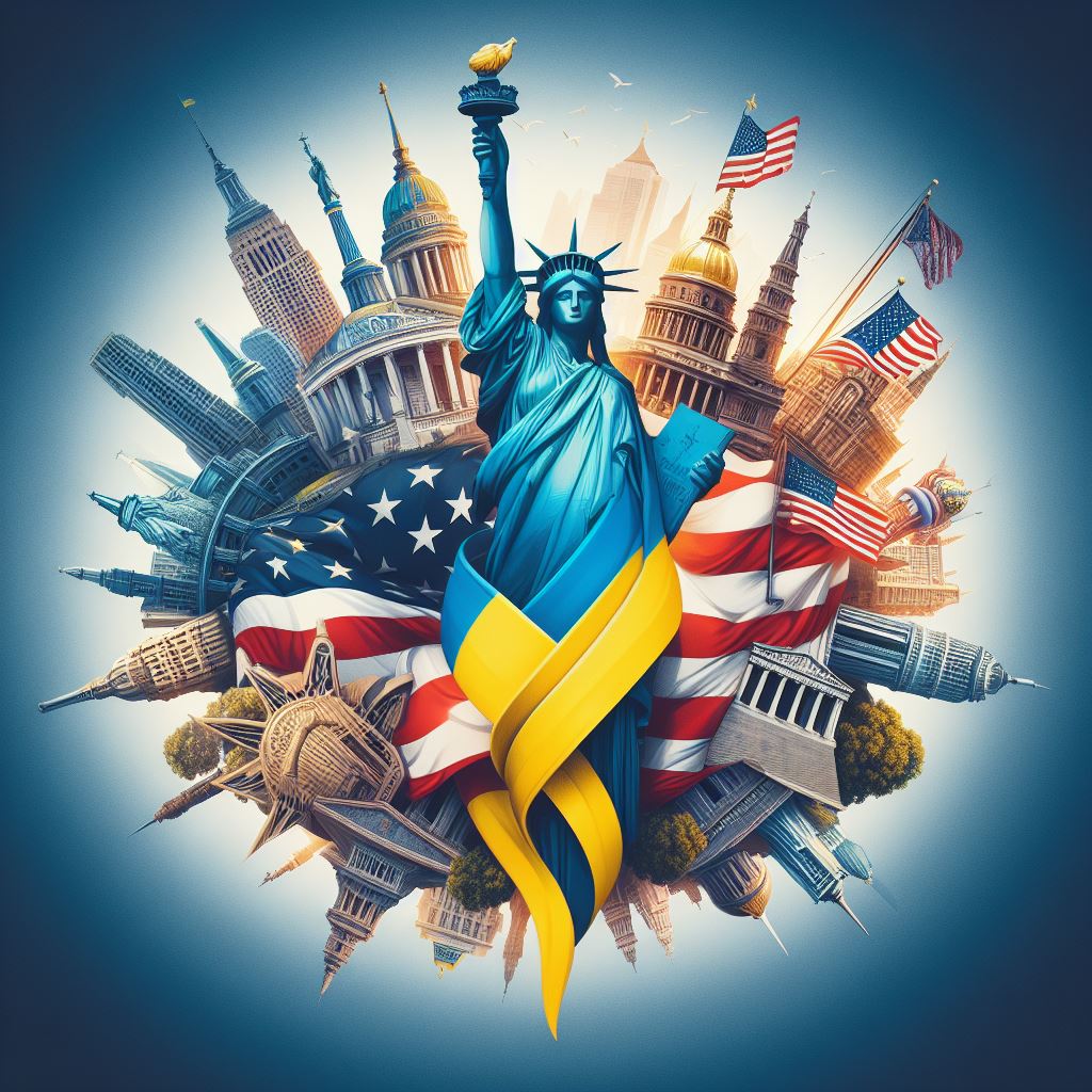 World landmarks with american flag and ukraine ribbon World landmarks with american flag and ukraine ribbon