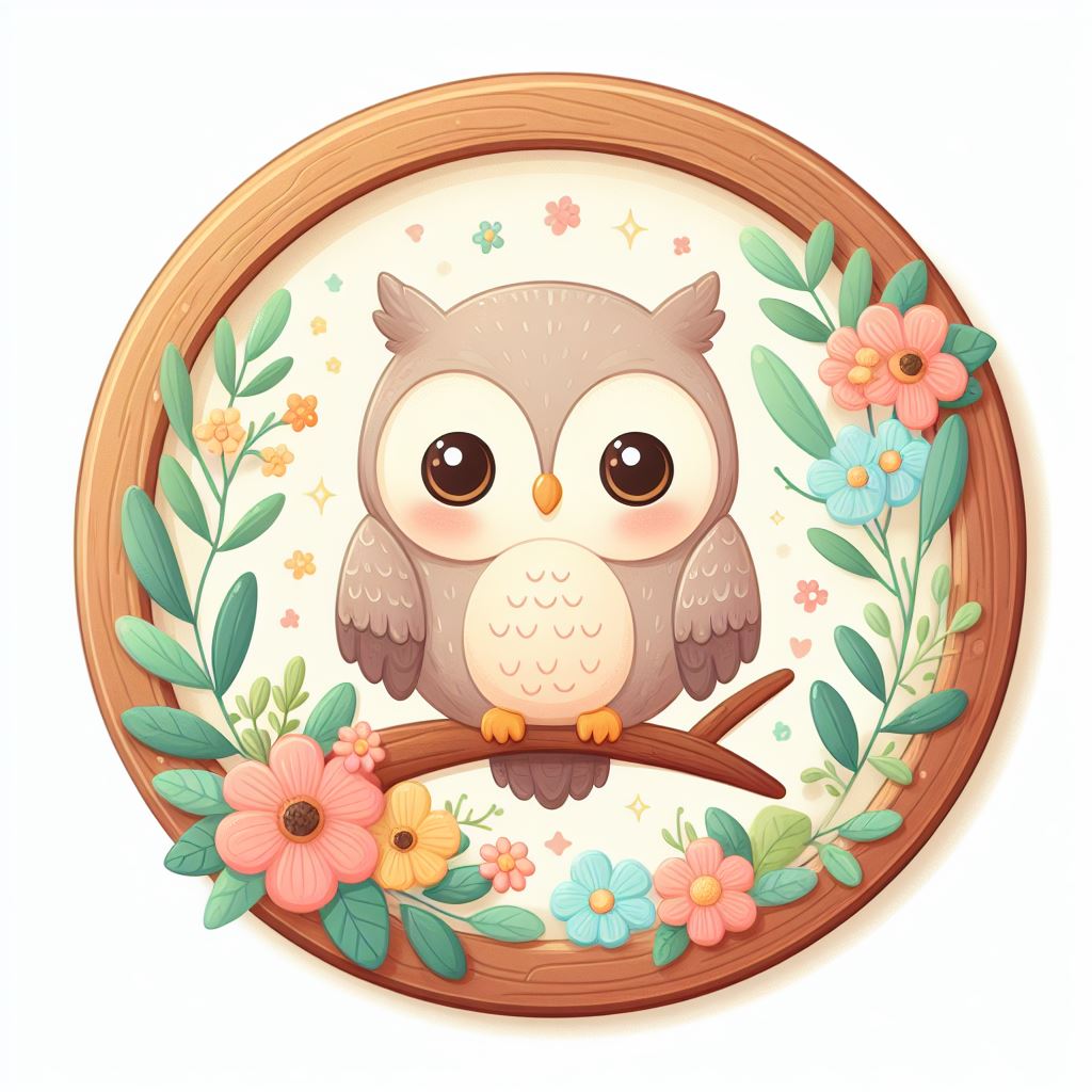 Cute owl in wooden frame with flowers Cute owl in wooden frame with flowers
