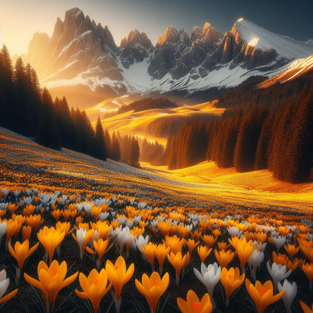 Sunrise over mountain valley with flowers Sunrise over mountain valley with flowers