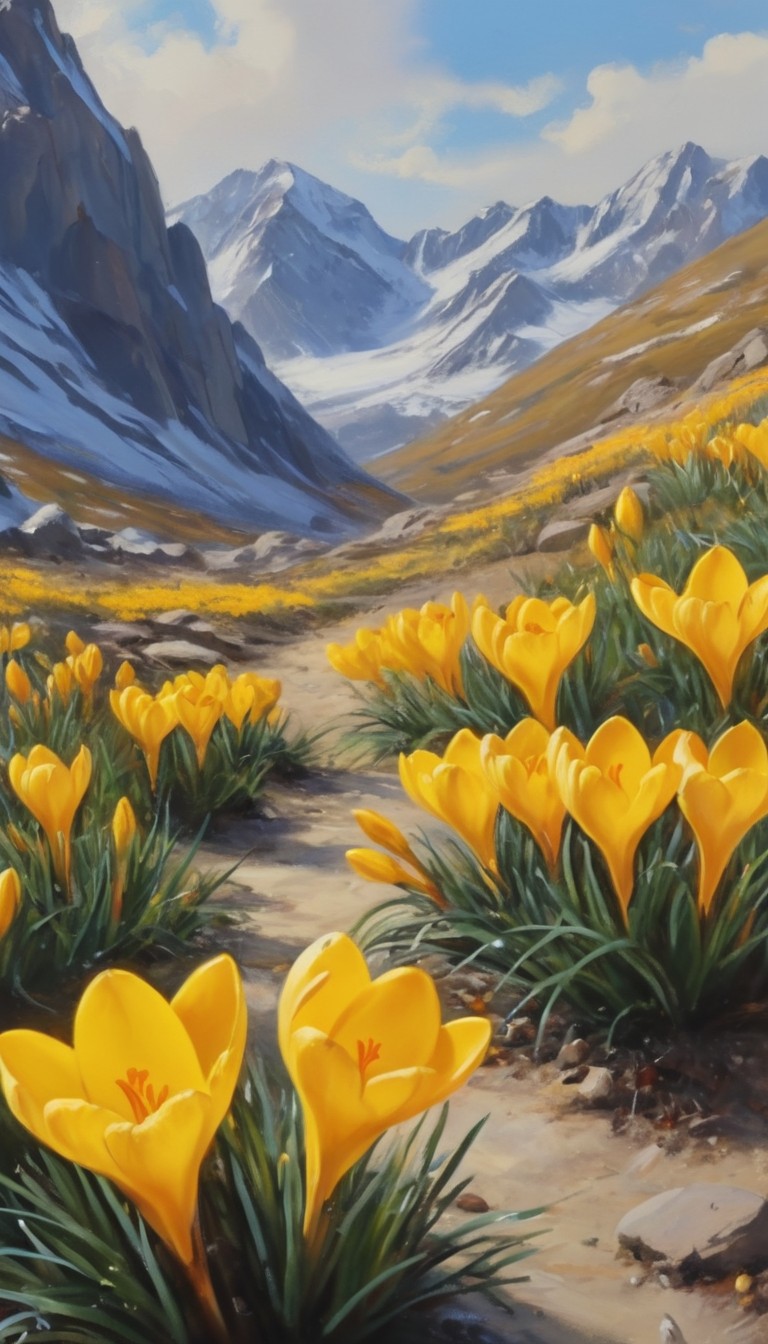 Mountain path with yellow wildflowers Mountain path with yellow wildflowers