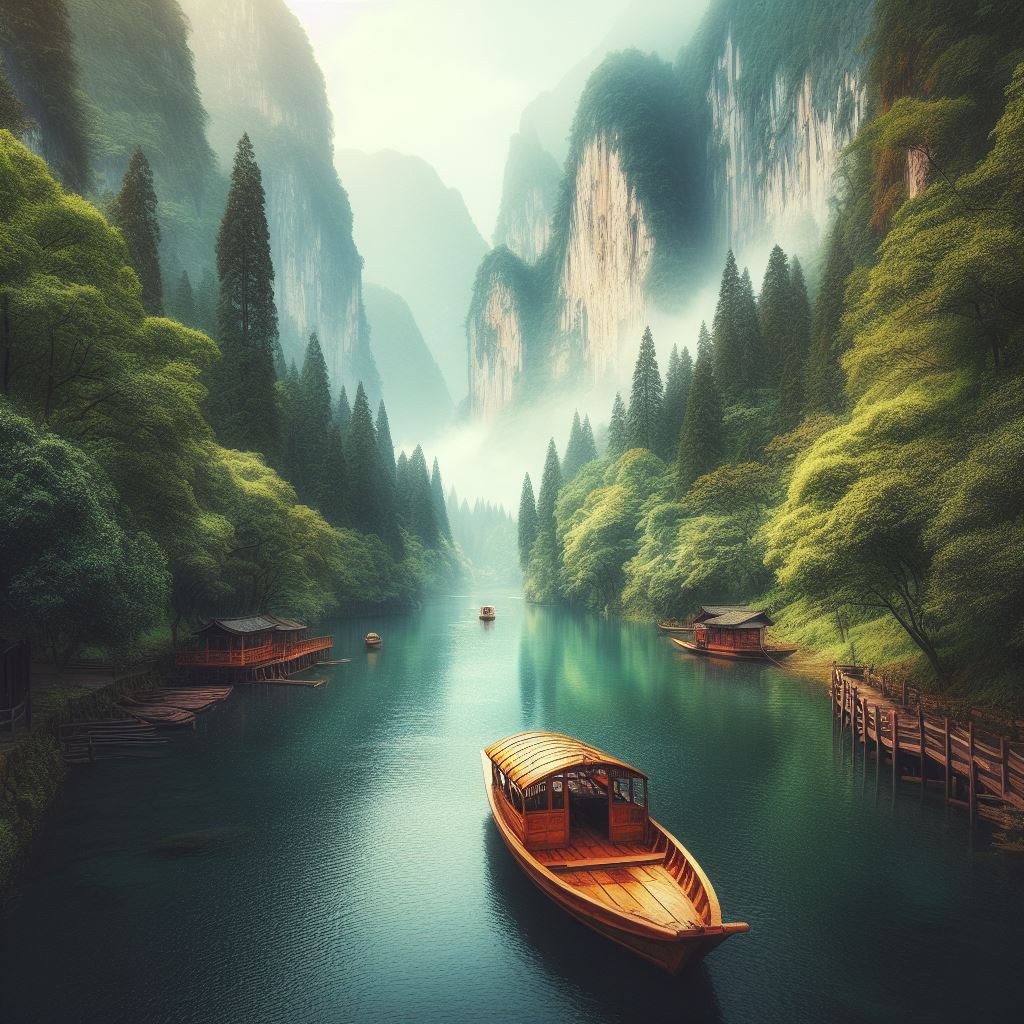 Boat on a serene river in china Boat on a serene river in china