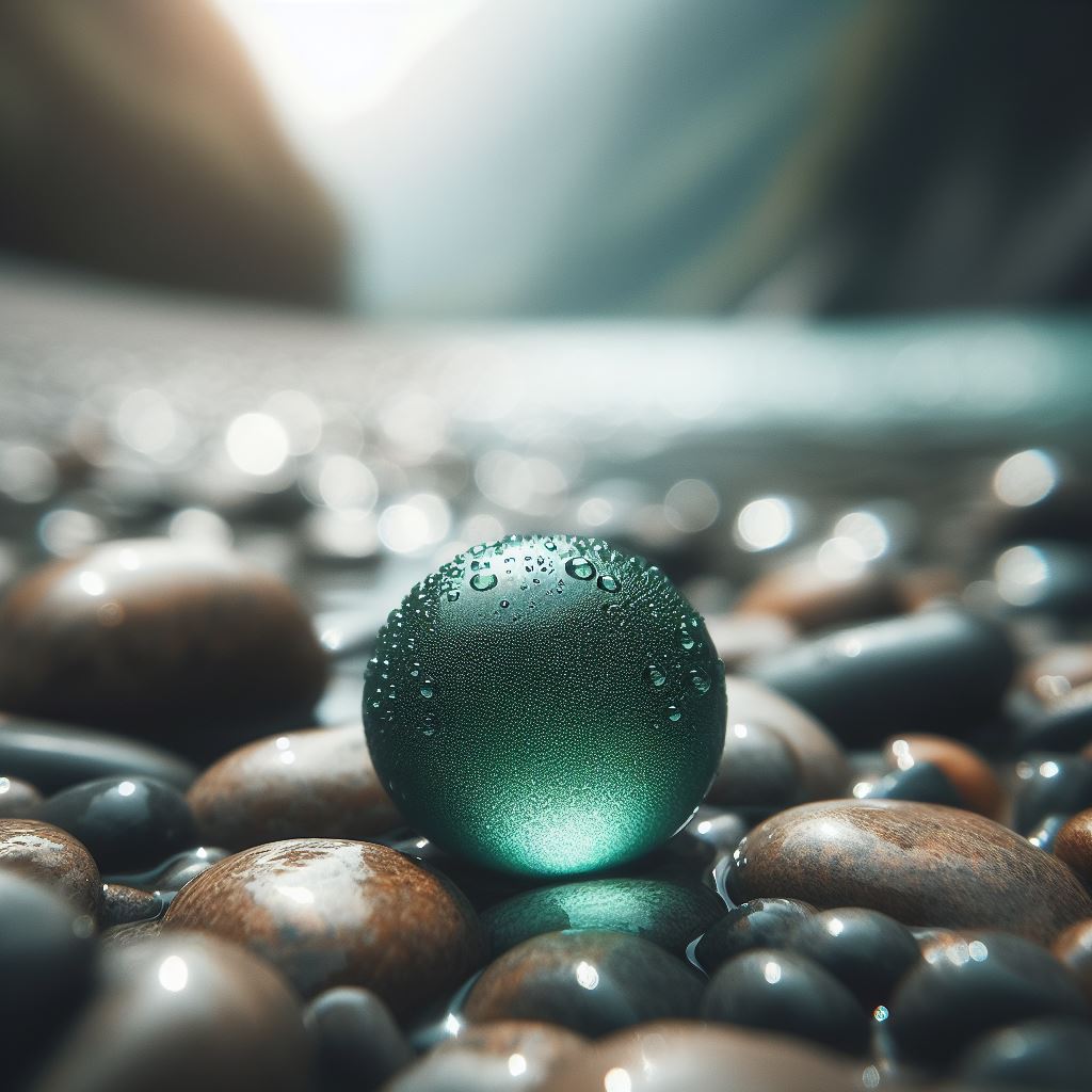 Green glass sphere on wet rocks Green glass sphere on wet rocks