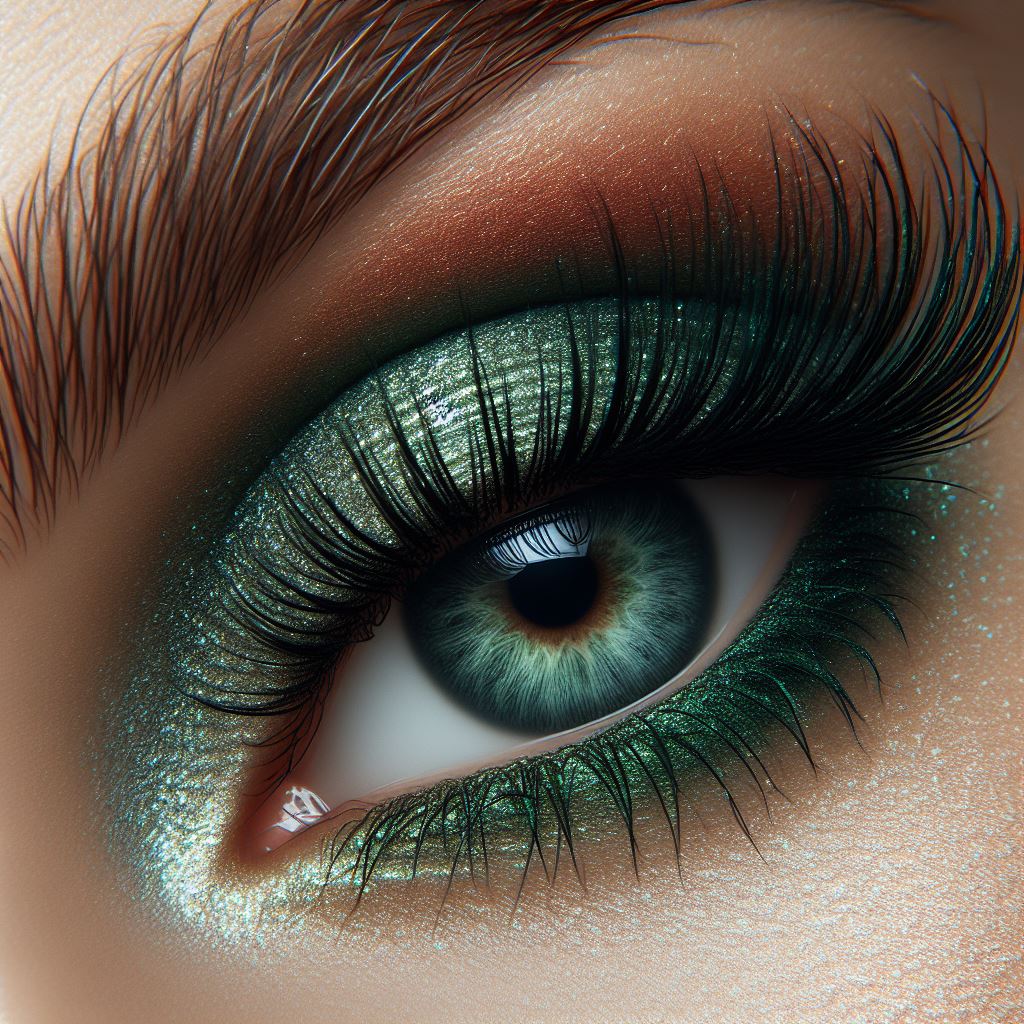 Close-up of eye with green eyeshadow and long lashes Close-up of eye with green eyeshadow and long lashes