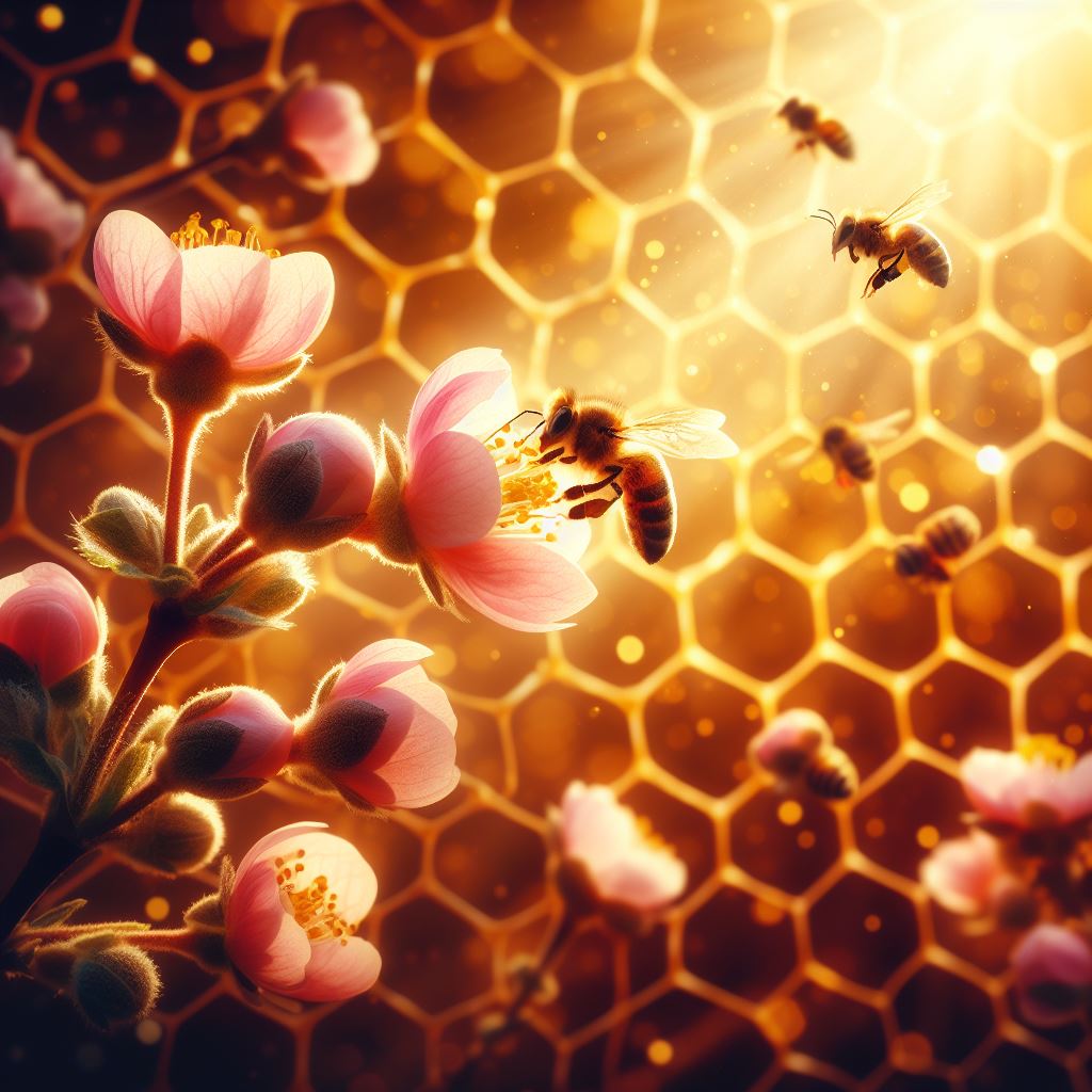 Bees pollinating flowers on honeycomb Bees pollinating flowers on honeycomb