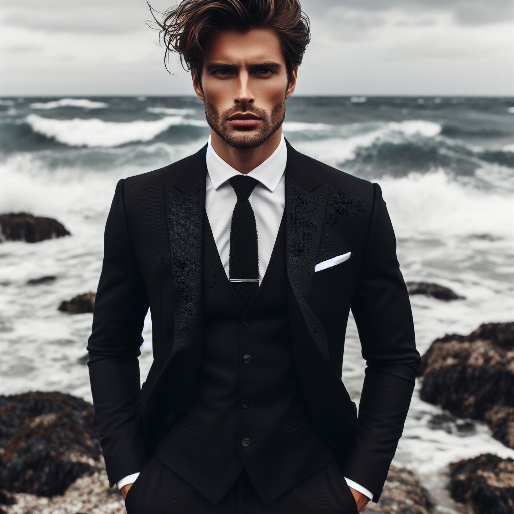 Man in black suit by the sea Man in black suit by the sea