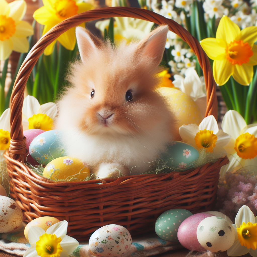 Fluffy bunny in easter basket Fluffy bunny in easter basket
