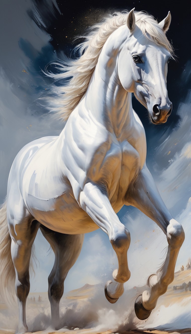 White horse galloping through dust White horse galloping through dust