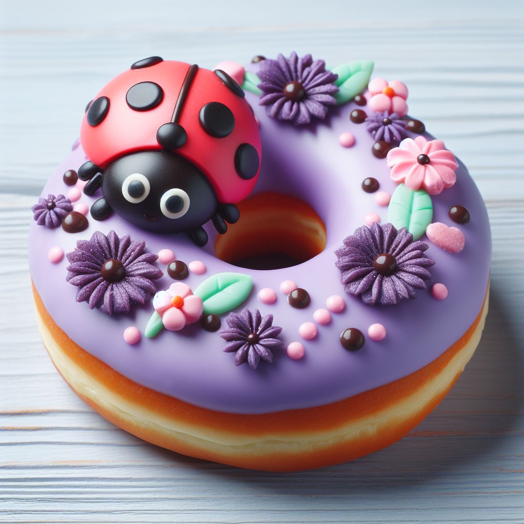 Purple glazed donut with ladybug and flowers Purple glazed donut with ladybug and flowers