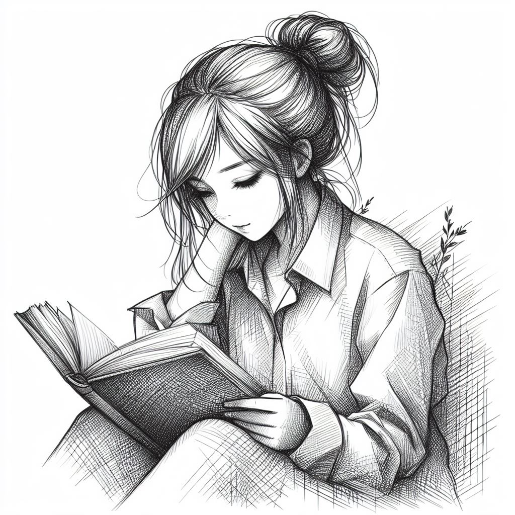 Woman reading book in pencil sketch Woman reading book in pencil sketch