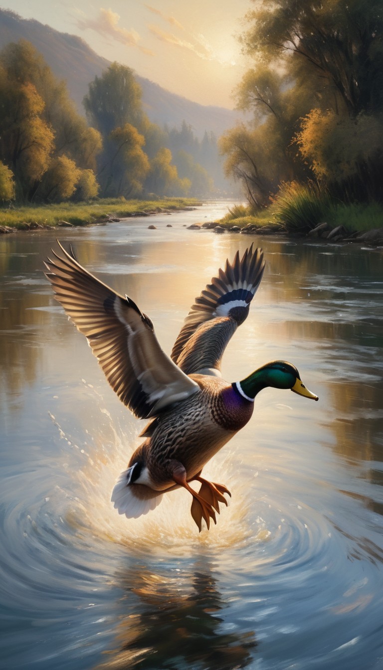 Duck taking off over river at sunset Duck taking off over river at sunset