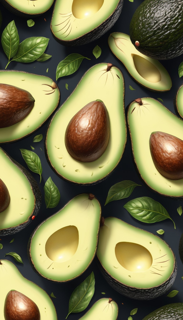 Sliced avocados and leaves on black background Sliced avocados and leaves on black background