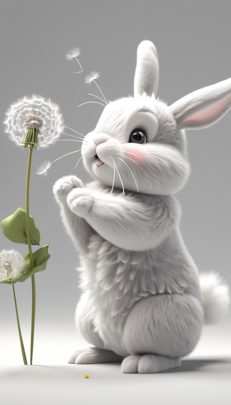 White rabbit blowing dandelion seeds White rabbit blowing dandelion seeds