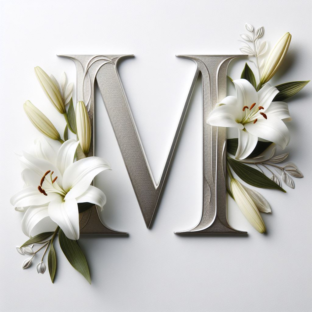 Silver letter m with white lilies Silver letter m with white lilies