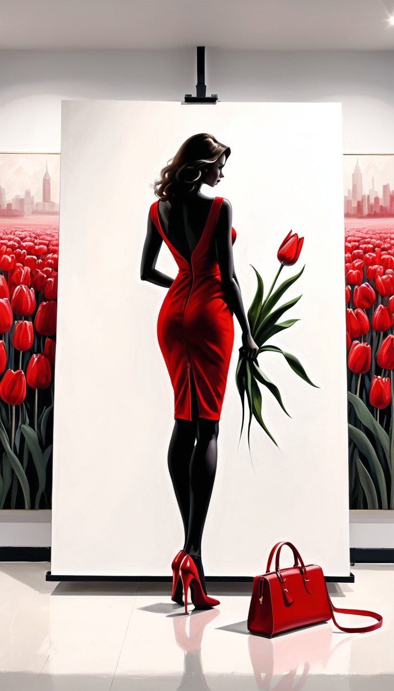Woman in red dress holding tulip Woman in red dress holding tulip