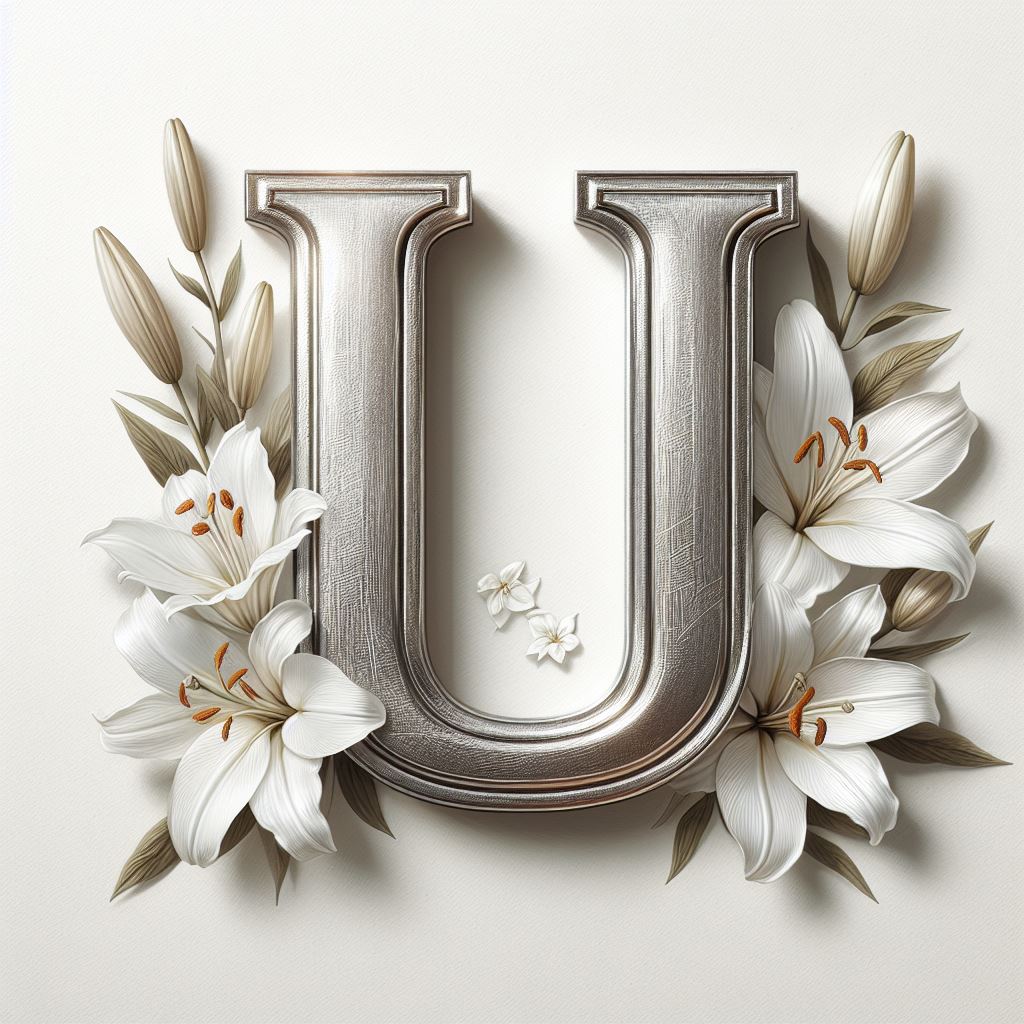 Silver letter u with white lilies Silver letter u with white lilies