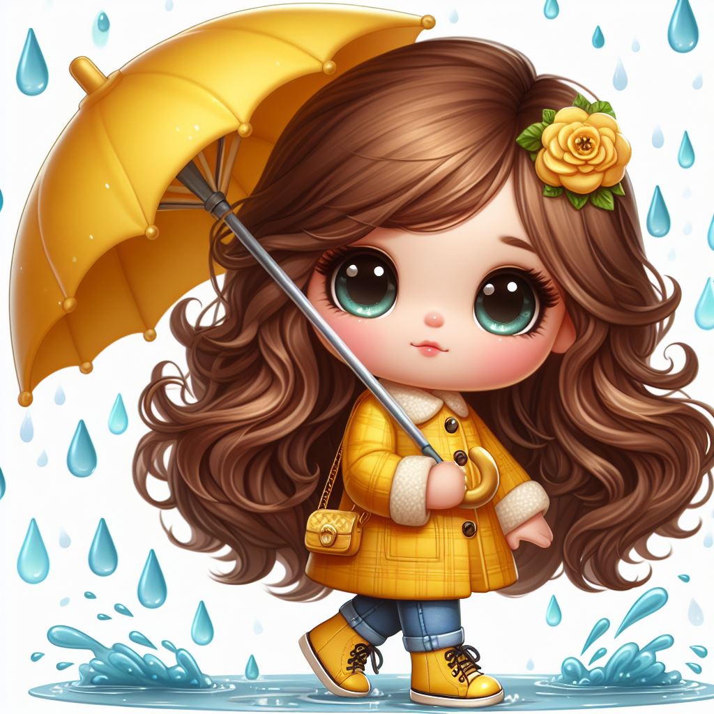 Girl walking in the rain with yellow umbrella Girl walking in the rain with yellow umbrella