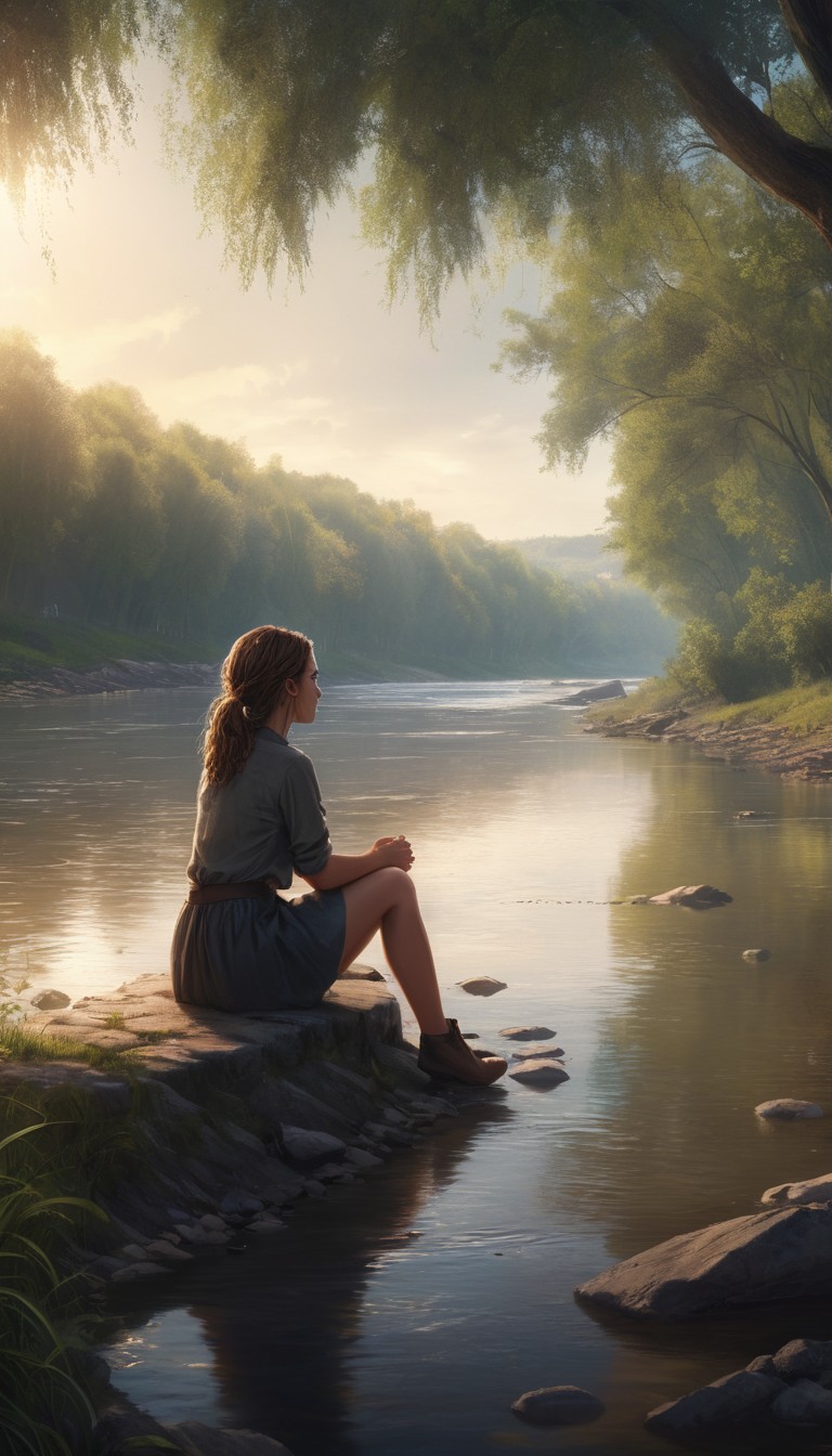 Woman contemplating river at dusk Woman contemplating river at dusk