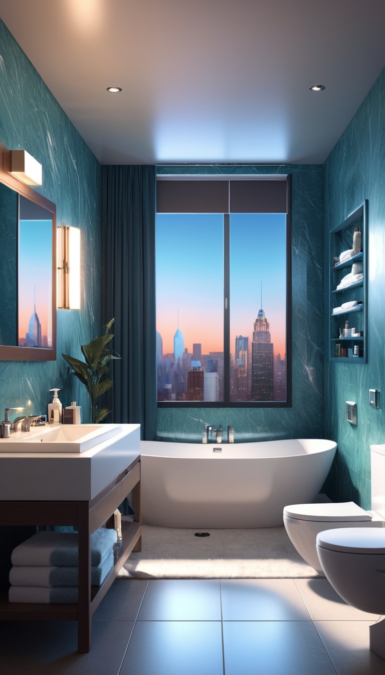 Modern bathroom with city view at dusk Modern bathroom with city view at dusk