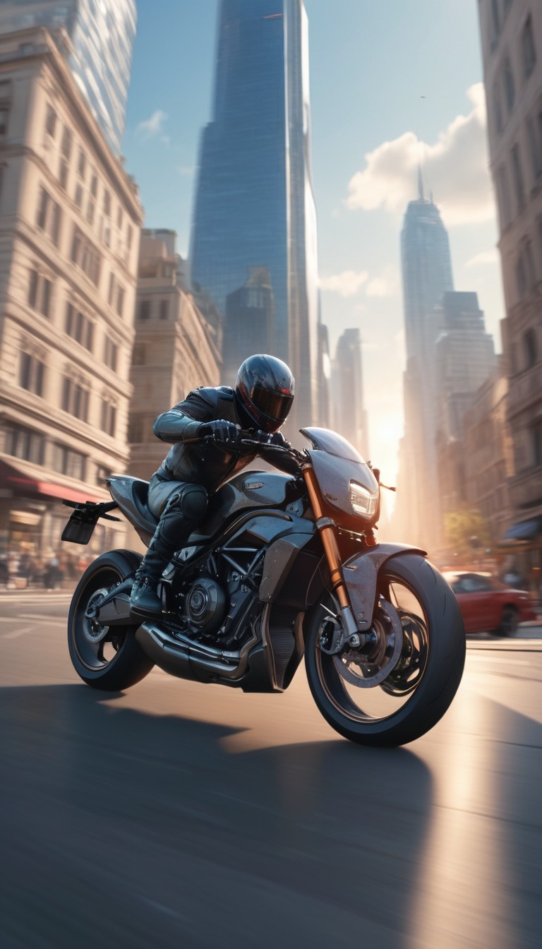 Motorcycle rider in city at sunset Motorcycle rider in city at sunset