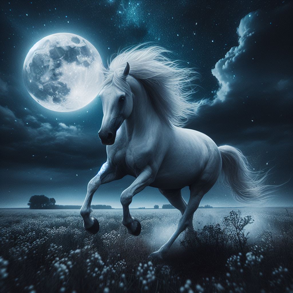 White horse running under full moon White horse running under full moon