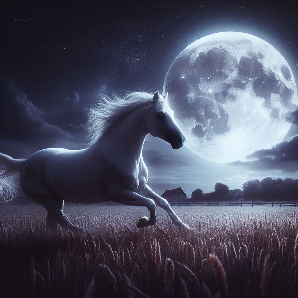 White horse running under full moon White horse running under full moon