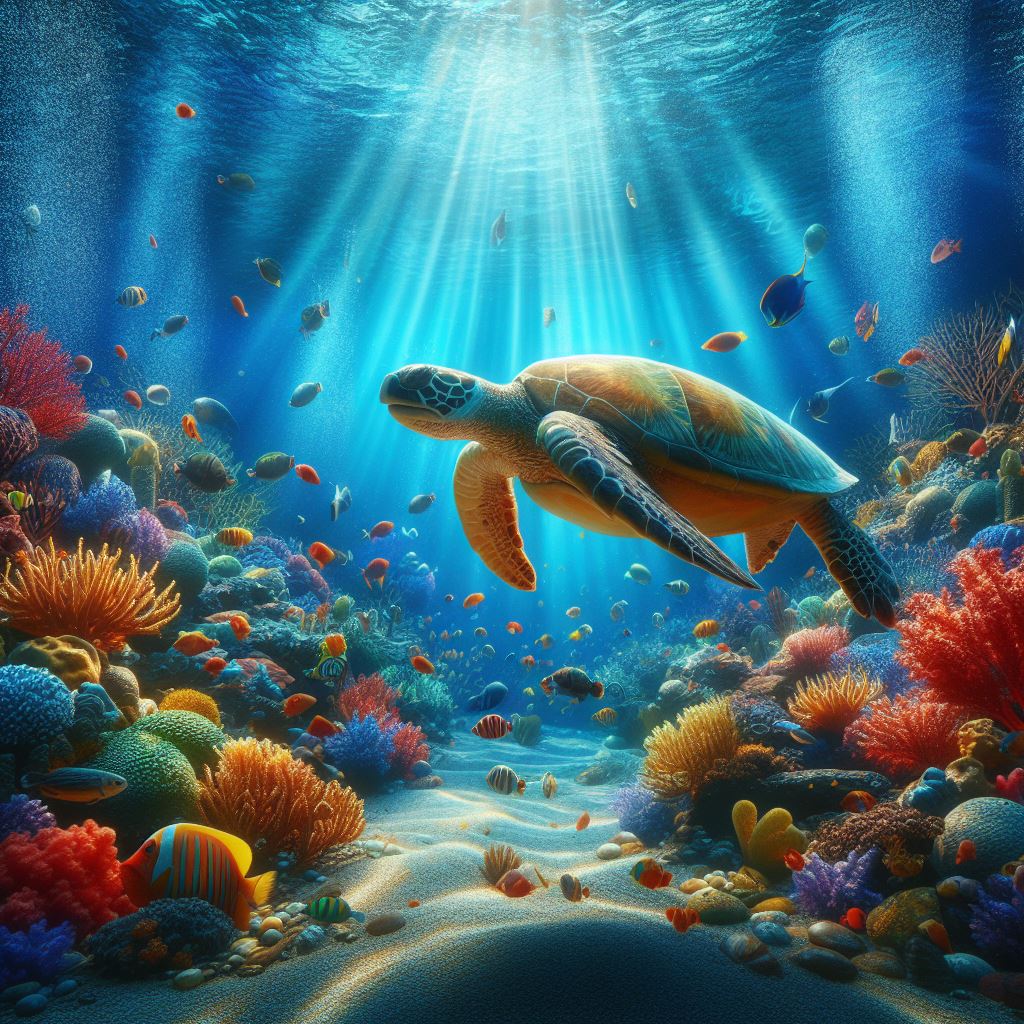 Sea turtle swimming through coral reef Sea turtle swimming through coral reef