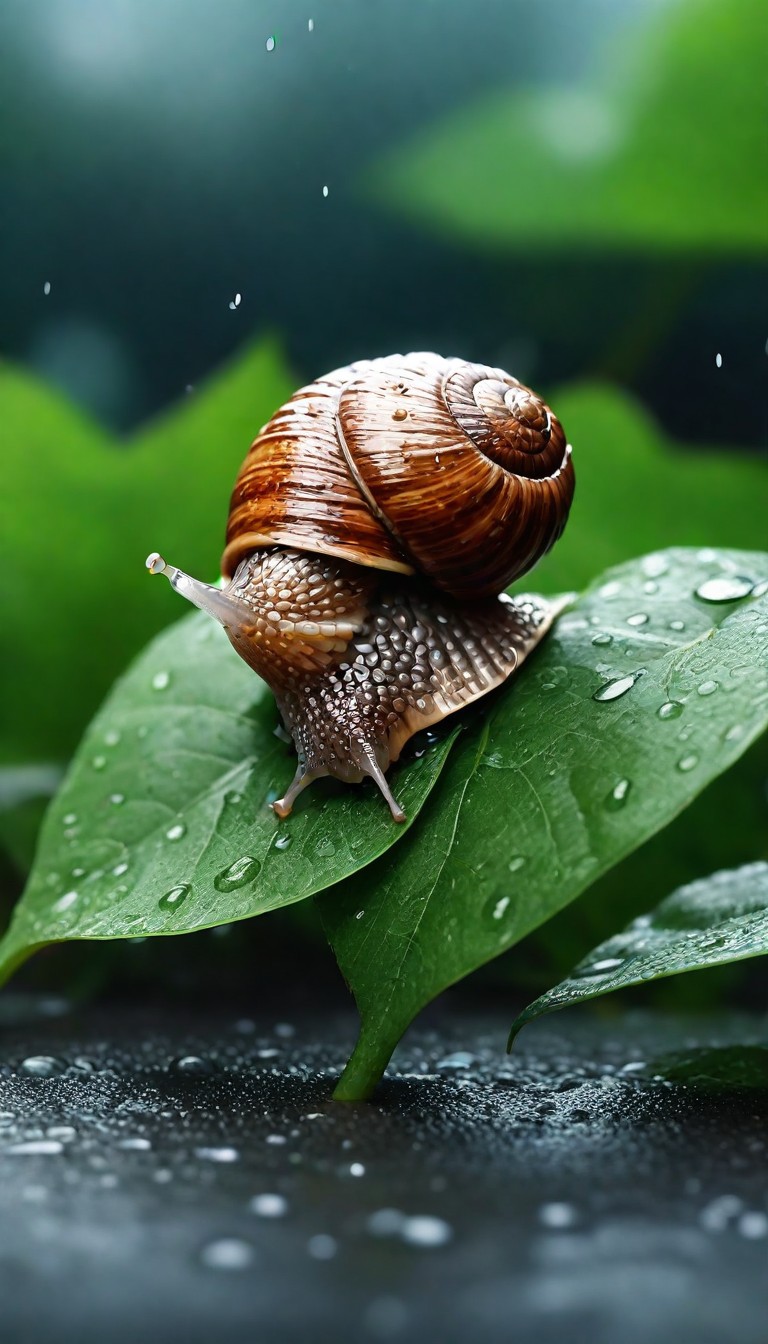 Snail on leaf in rain Snail on leaf in rain