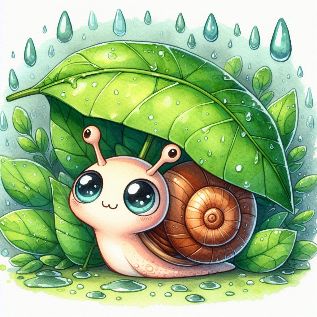 Snail sheltering under leaf in rain Snail sheltering under leaf in rain