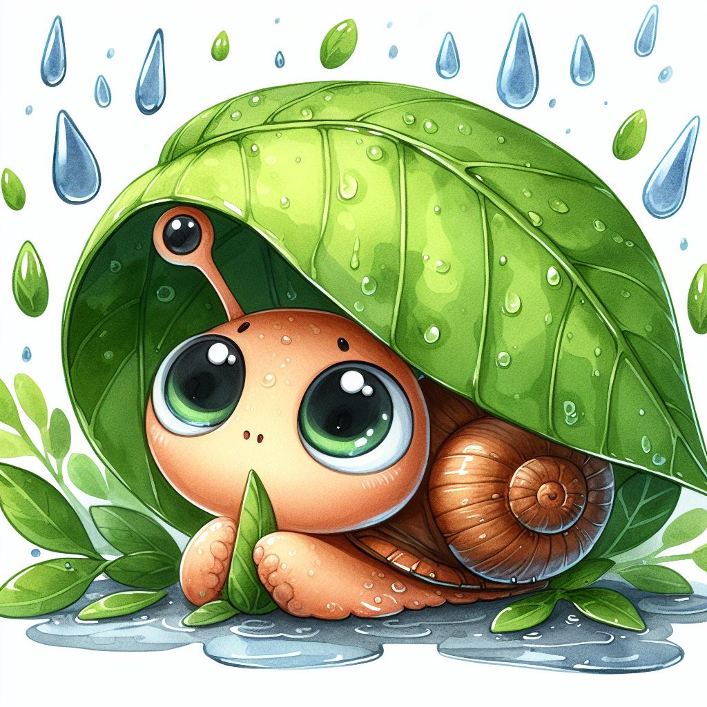 Snail sheltering under leaf in rain Snail sheltering under leaf in rain