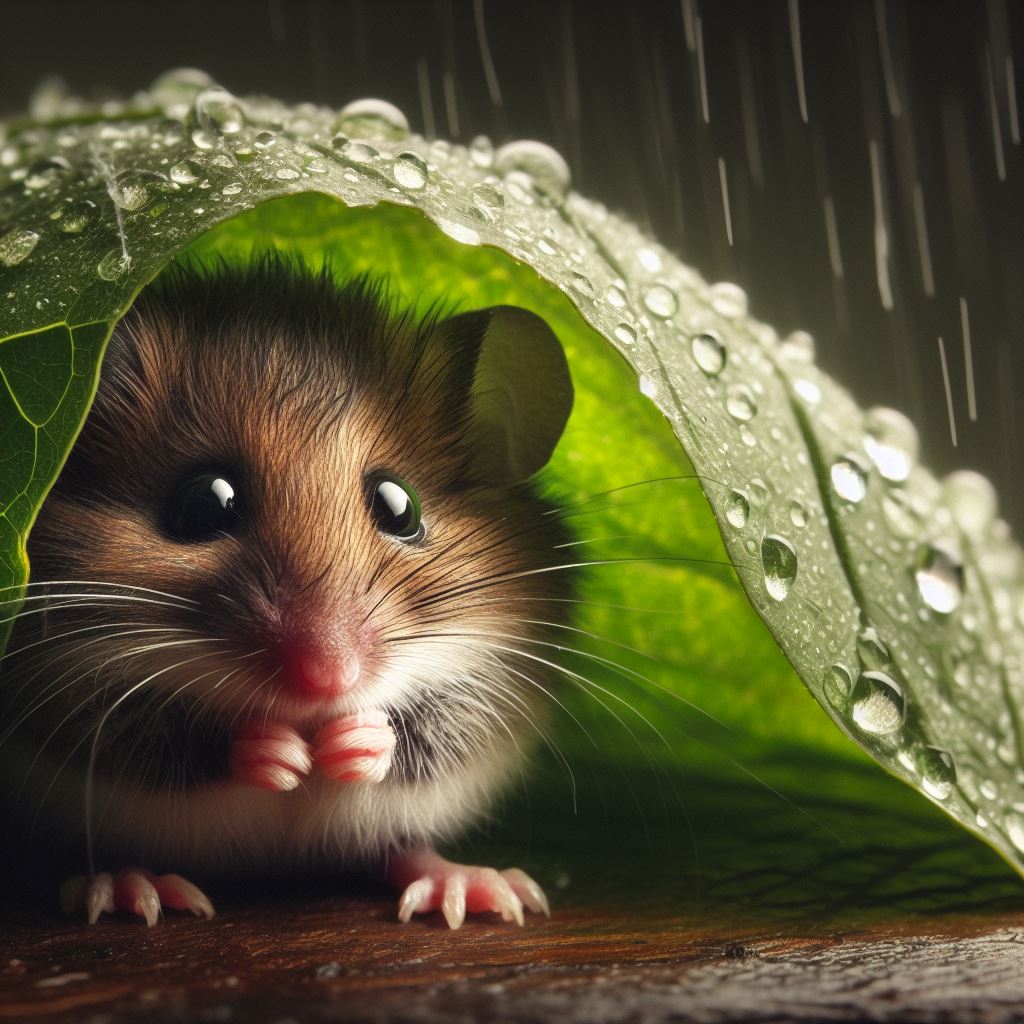 Mouse sheltering under leaf in rain Mouse sheltering under leaf in rain