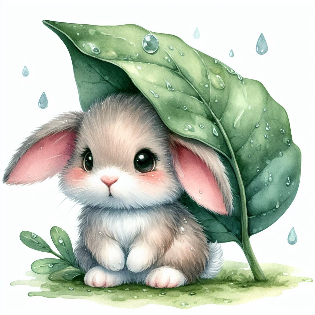 Bunny sheltering under leaf in rain Bunny sheltering under leaf in rain