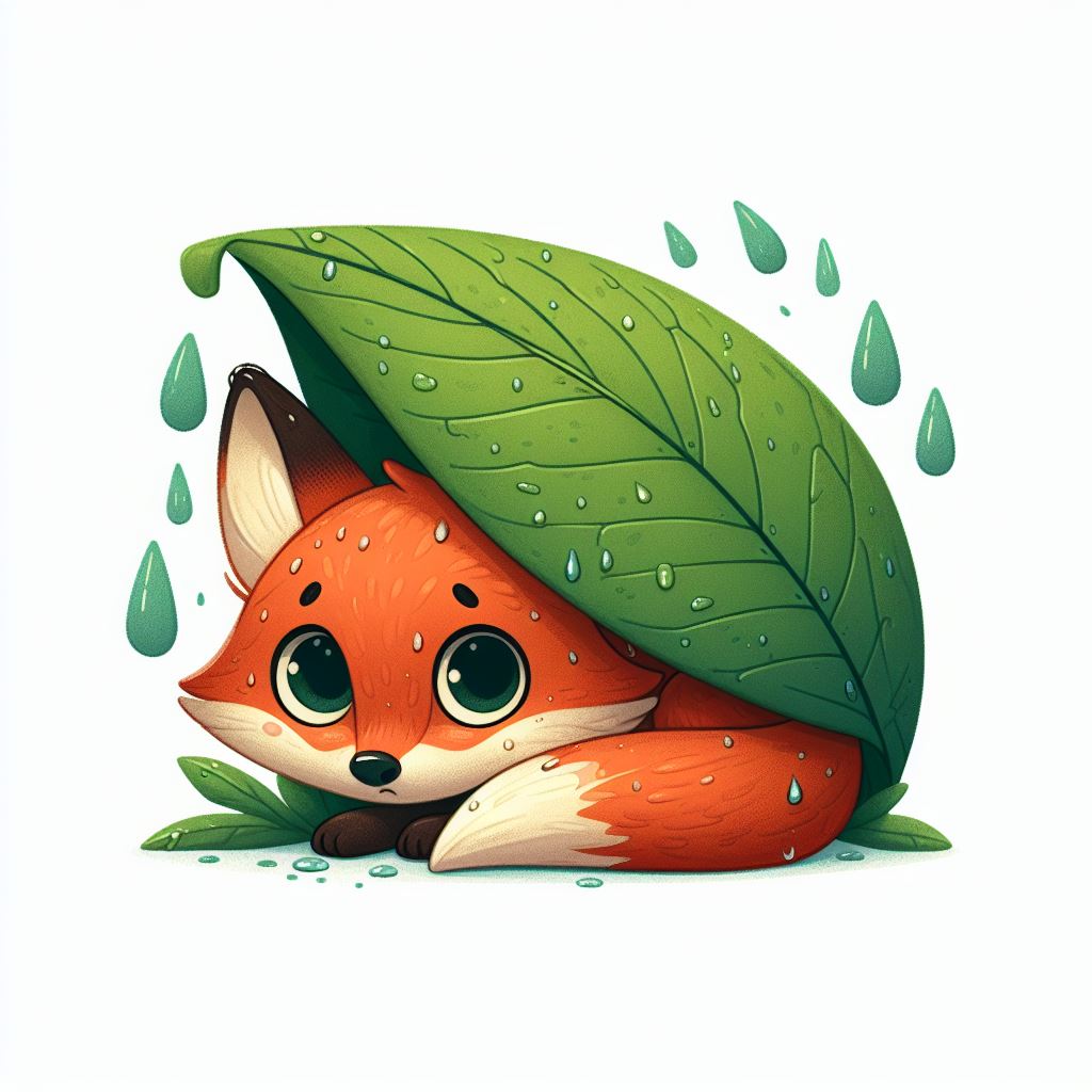 Fox hiding under leaf in rain Fox hiding under leaf in rain