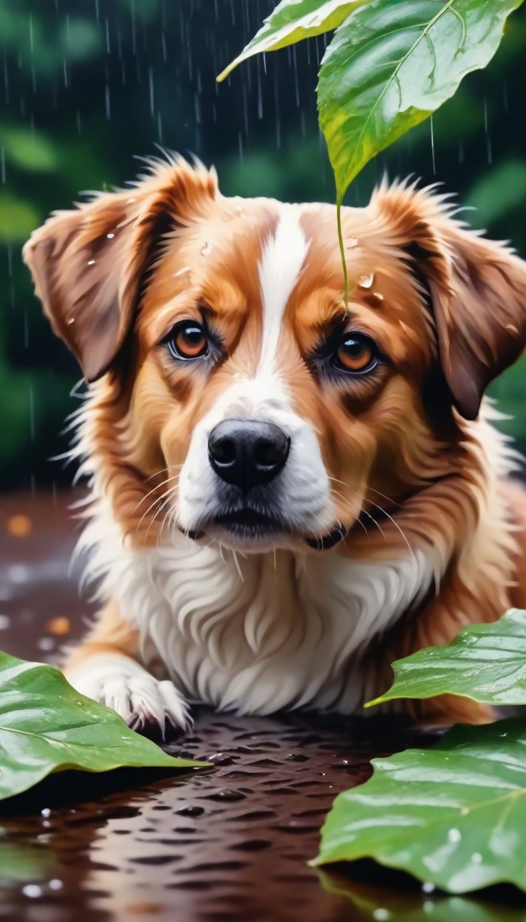 Dog under leafy shelter in the rain Dog under leafy shelter in the rain