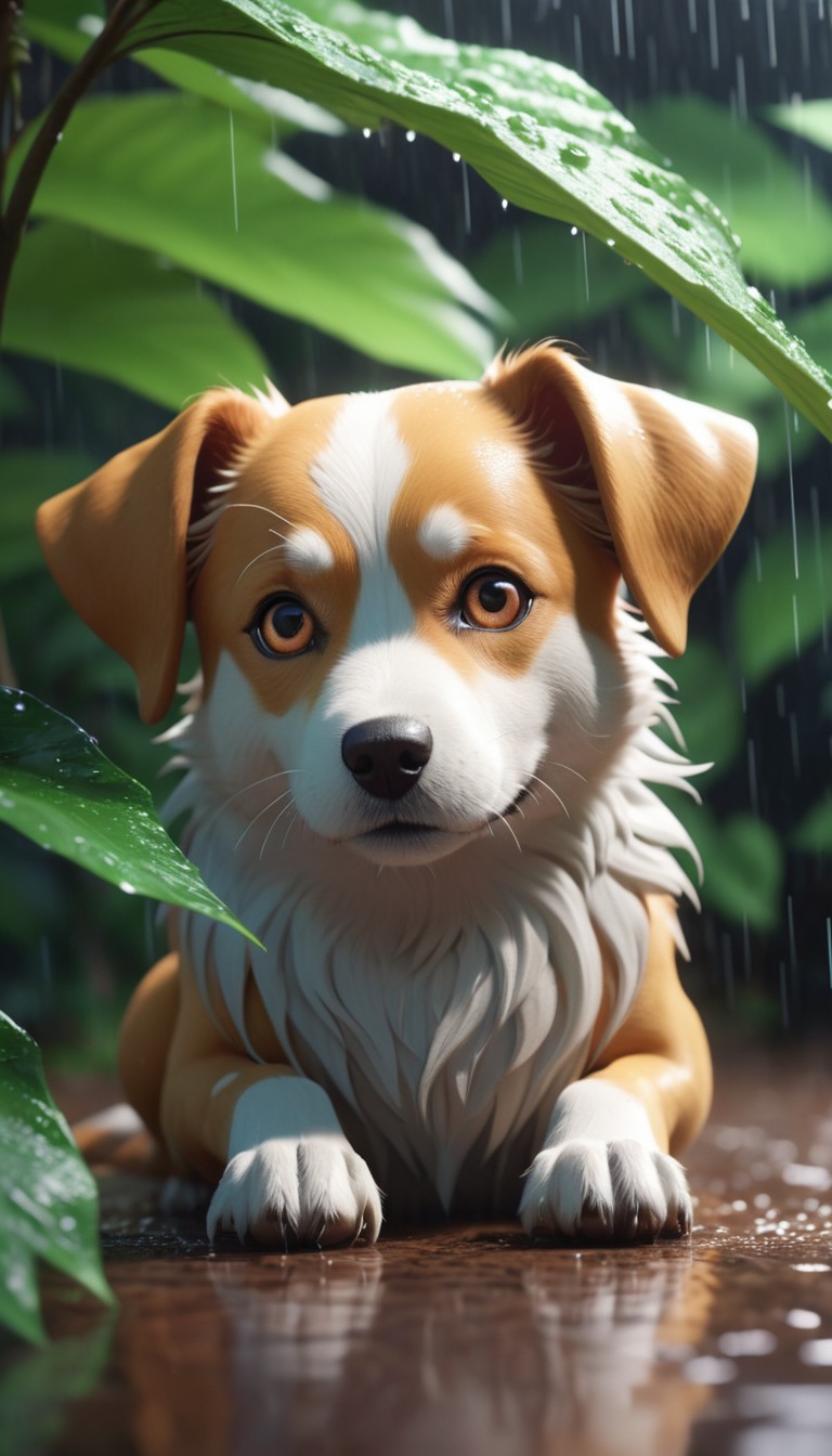 Puppy in rain under leaves Puppy in rain under leaves