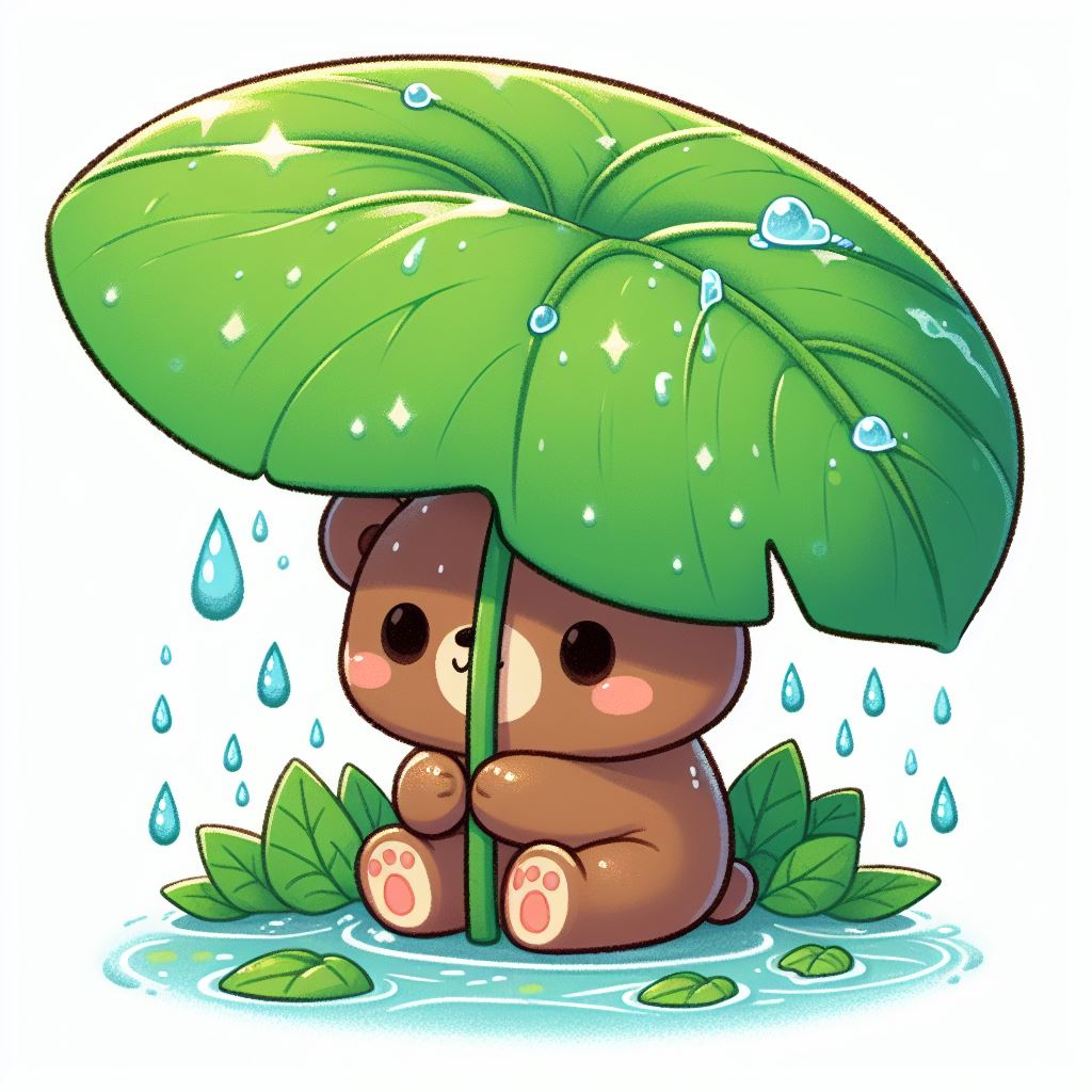 Bear sheltering under leaf in rain Bear sheltering under leaf in rain
