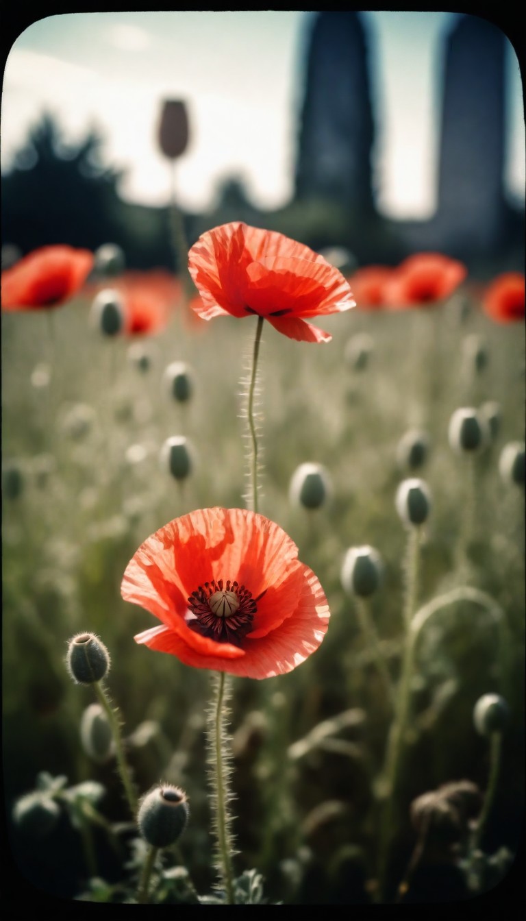 Red poppy field in cityscape Red poppy field in cityscape