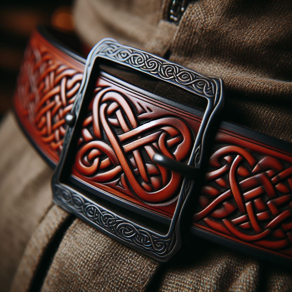 Celtic knot leather belt buckle close-up Celtic knot leather belt buckle close-up