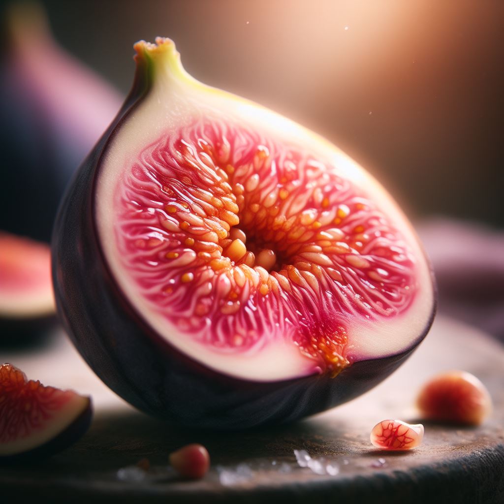 Ripe fig half on wooden surface Ripe fig half on wooden surface