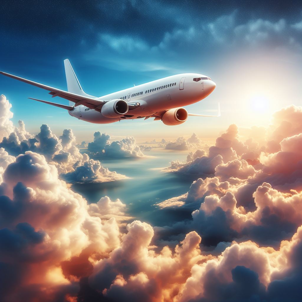 Airplane flying over clouds at sunset Airplane flying over clouds at sunset