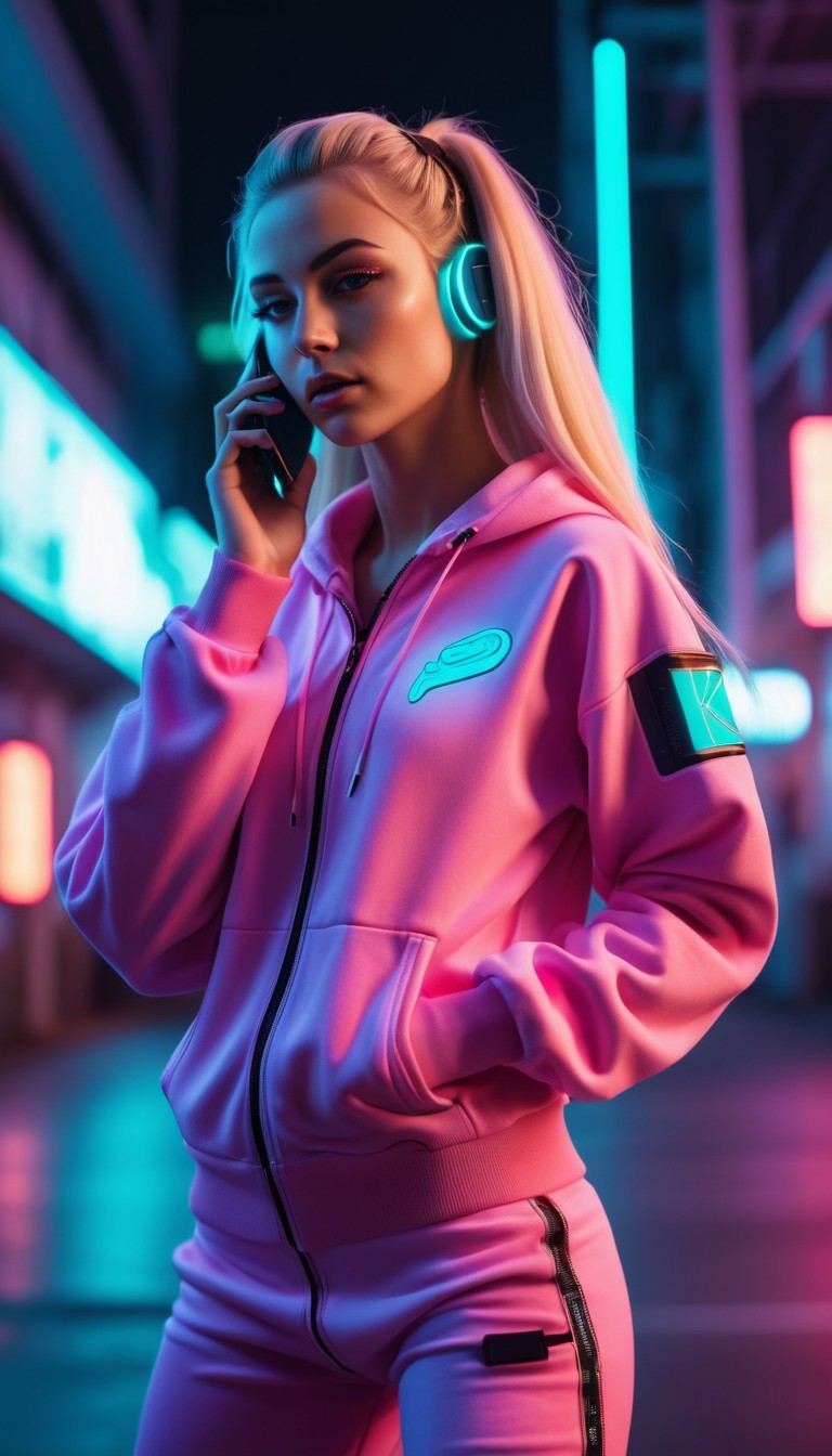 Woman in pink outfit using phone at night Woman in pink outfit using phone at night