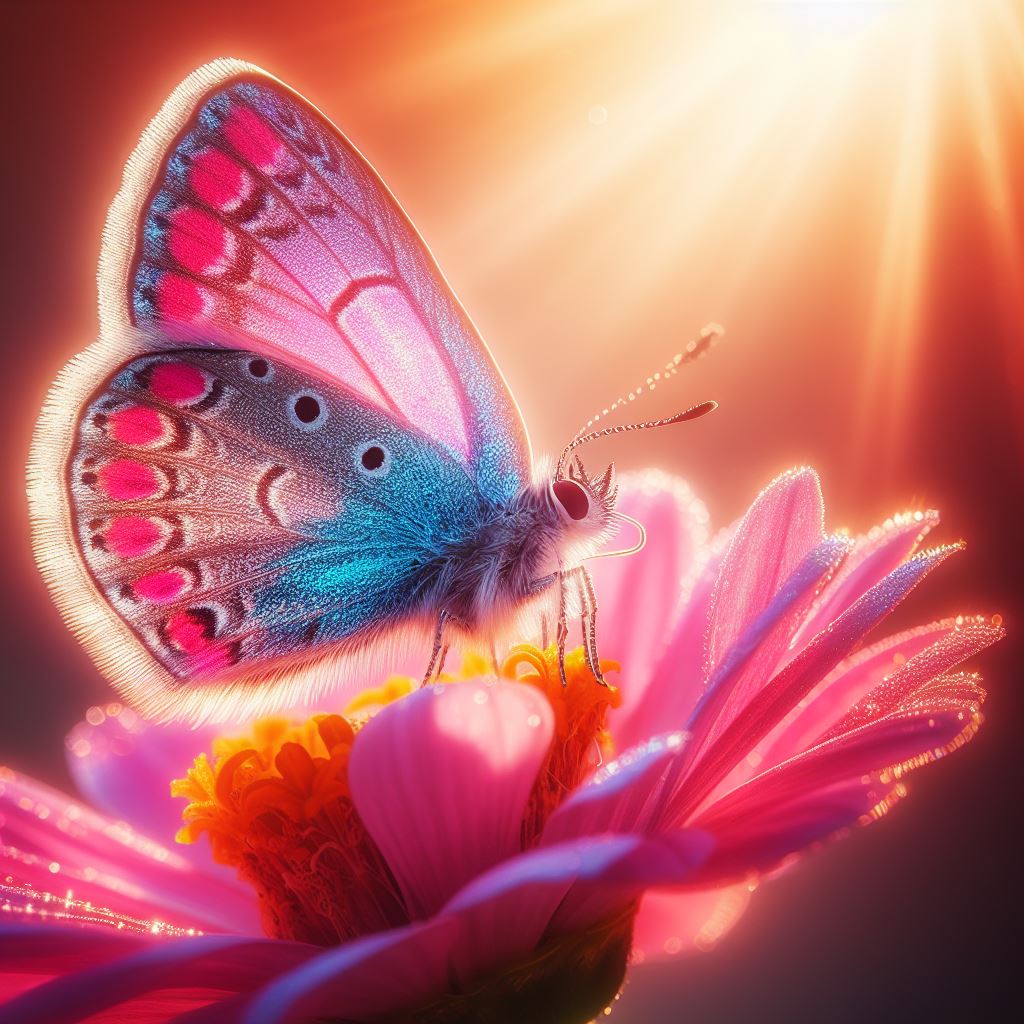 Butterfly on pink flower in sunlight Butterfly on pink flower in sunlight