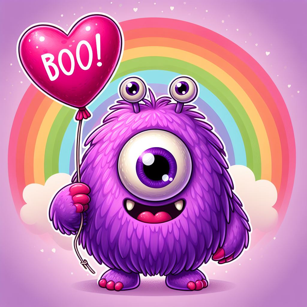 Purple monster holding heart balloon Purple monster holding heart balloon