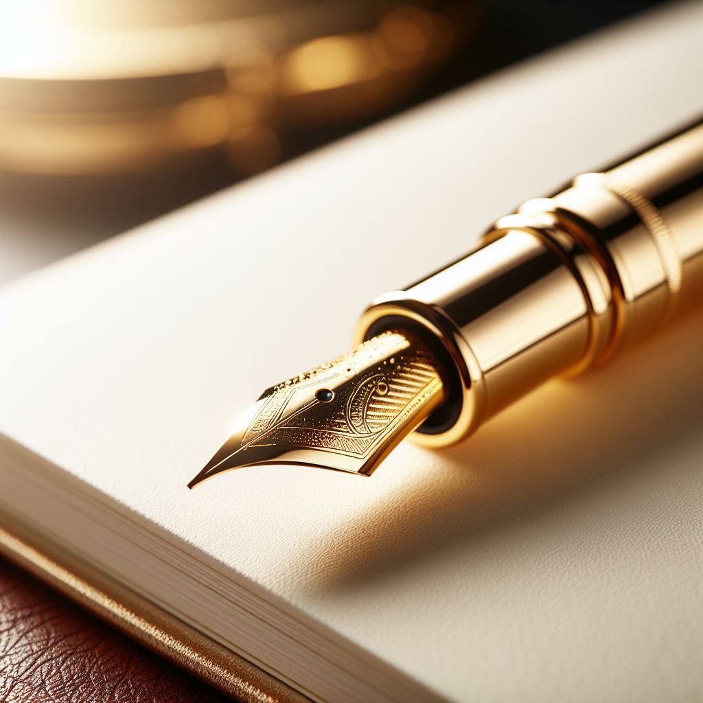 Gold fountain pen on open notebook Gold fountain pen on open notebook