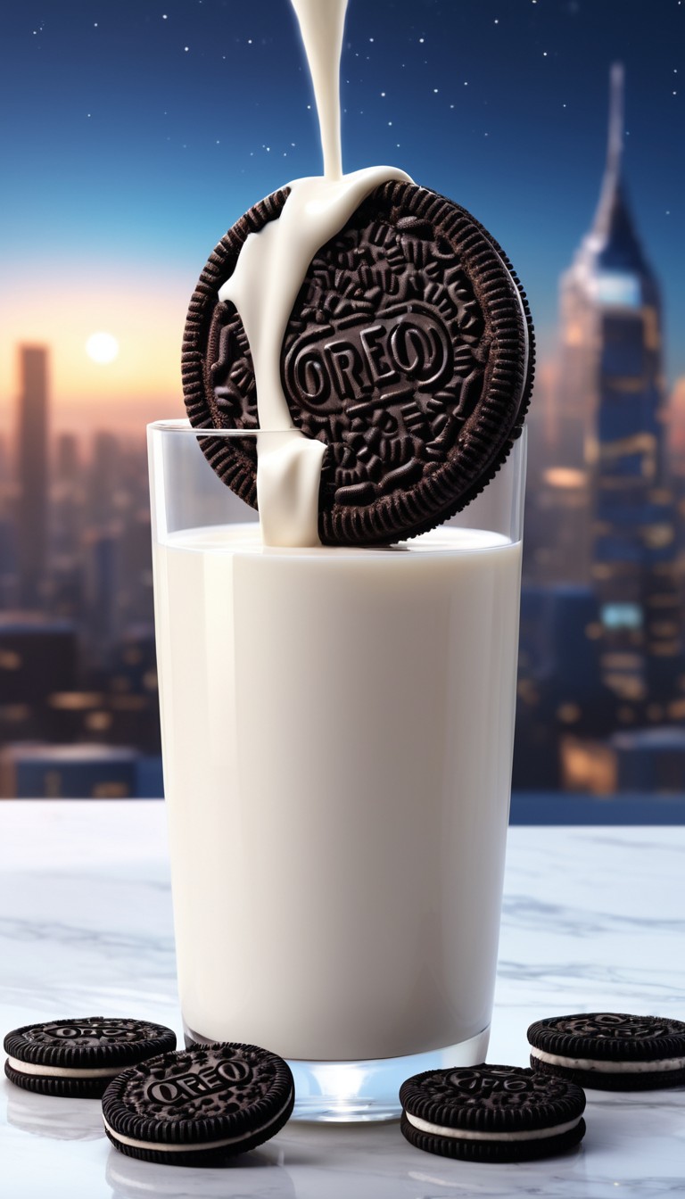 Oreo cookie dipping in milk at night Oreo cookie dipping in milk at night
