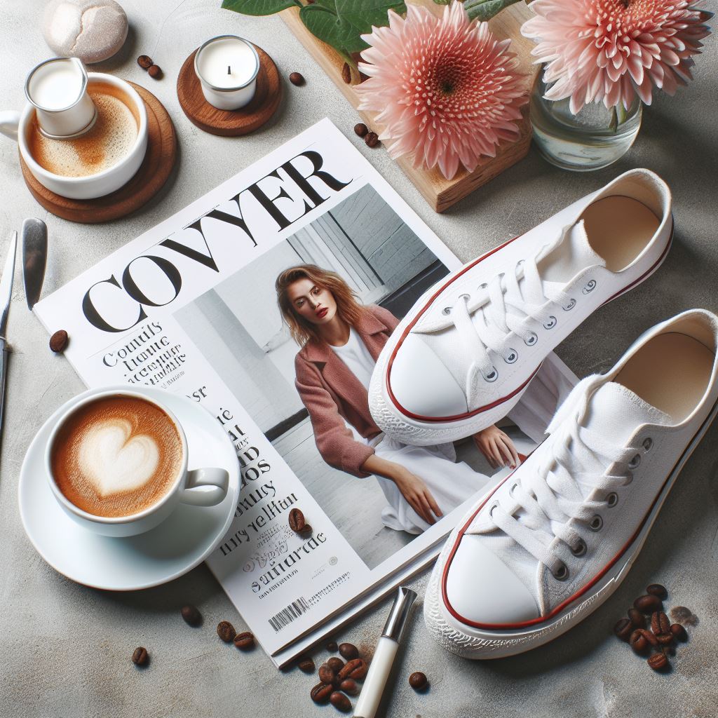 White sneakers and coffee on magazine White sneakers and coffee on magazine