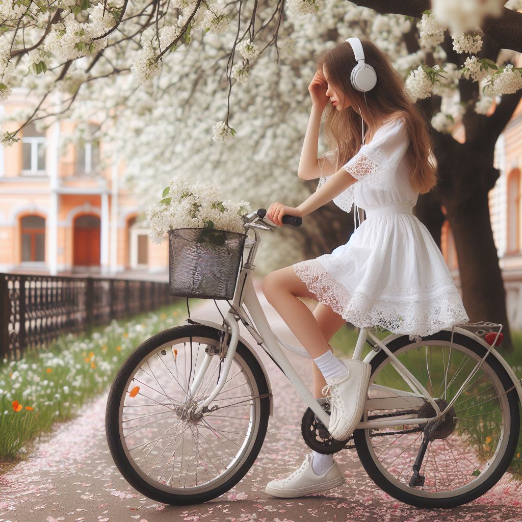 Woman riding bicycle in spring Woman riding bicycle in spring
