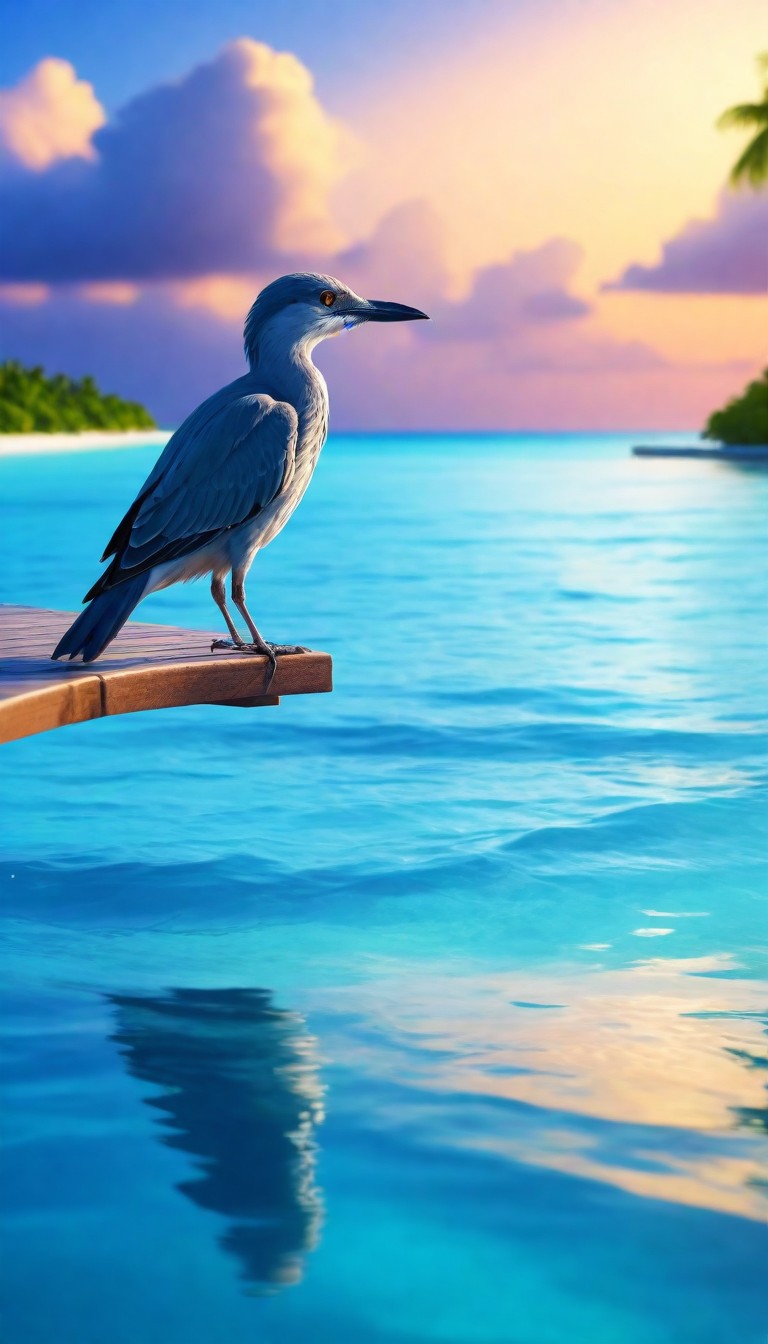 Bird perched on a tropical dock at sunset Bird perched on a tropical dock at sunset