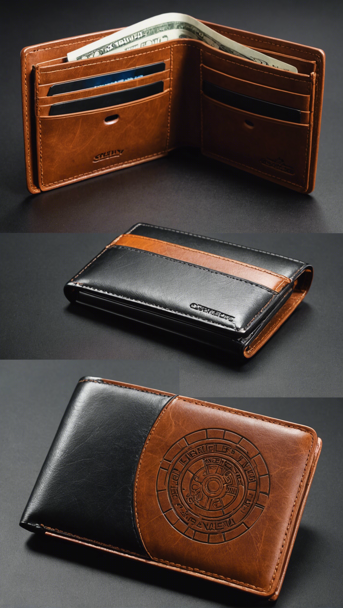 Brown leather wallet with embossed design Brown leather wallet with embossed design
